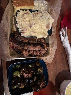 The One Timer with garlic mashed potatoes and maple brussel sprouts