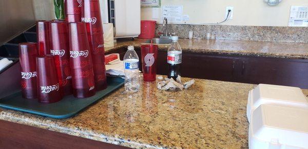 Employee trash on counter.