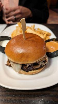 Mushroom Swiss burger with fries