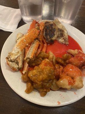 Crab legs, pot stickers, Orange Chicken*, Sweet & Sour Chicken