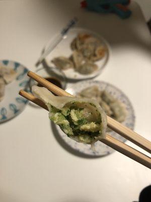 Zucchini, egg, shrimp dumplings. Boiled at home.