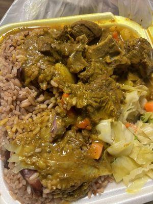 Curry goat, Rice and Peas, cabbage