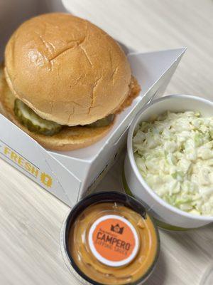 Campero Chicken Sandwich Meal with Coleslaw and side of Campero Sauce