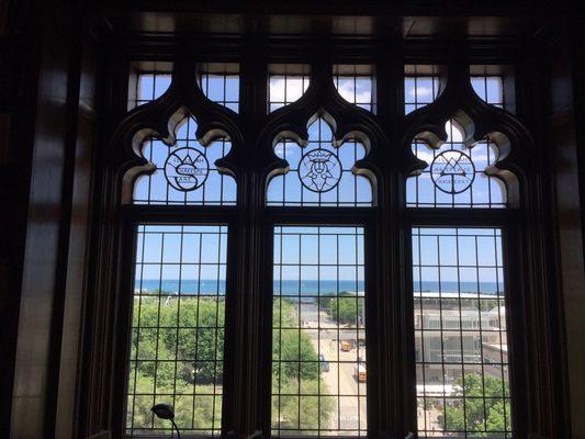 Beautiful Venetian window frames in dark wood w/view east to The Lake and Millenium Park