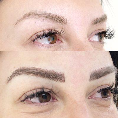 Natural and fluffy microblading that blends with her own brow hairs