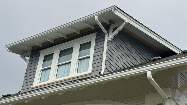 Front Dormer restoration full roof, T&G, siding, outriggers, gutters