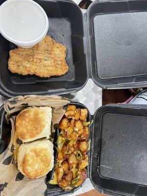 Chicken fried steak, white gravy, Mexican hashbrowns, biscuits