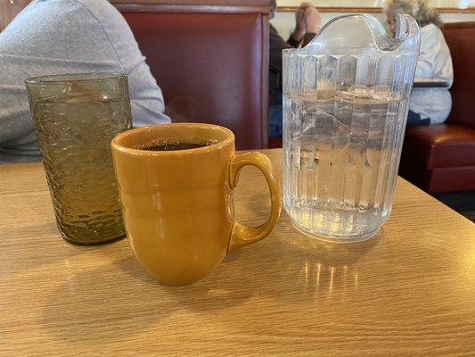 Water, Fresh Hot Coffee and Water Pitcher