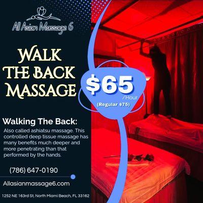 Walking on back massage, also called ashiatsu massage. This controlled deep tissue massage has many benefits. much deeper and more penetrati