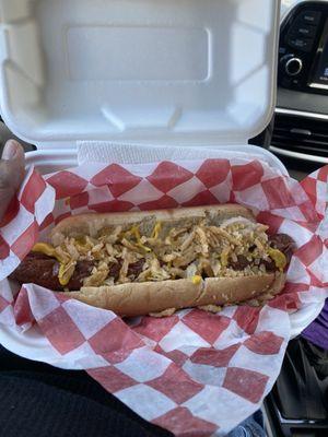 Matthew grills up a delicious hot dog!! I like mine with mustard, sauerkraut, and caramelized onions. Perfection!!!!