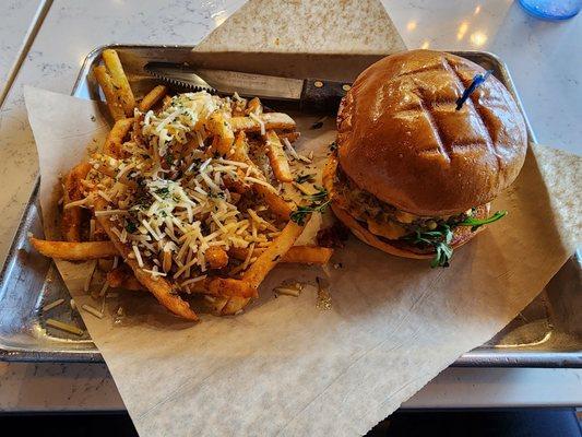 Bacon onion jam smash burger with parmesan truffle fries