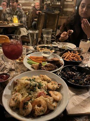 pasta with additional shrimp, brussels sprouts (BEST), garlic fries, sweet potato fries, wings