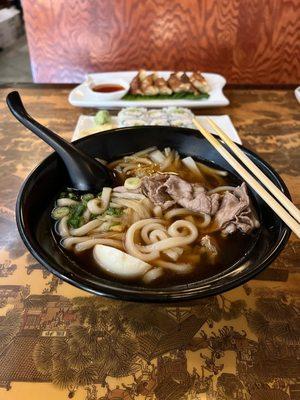 Beef Udon, California Roll and Gyoza