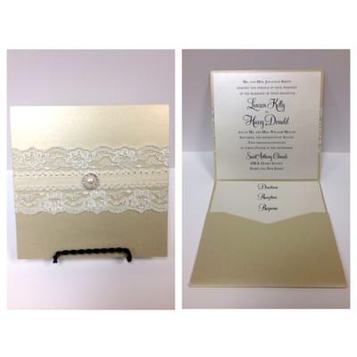 Square Gold Pocket Invitation with single fold, Lace with inset ribbon & Pearl Button. Accessories Layer in pocket below.