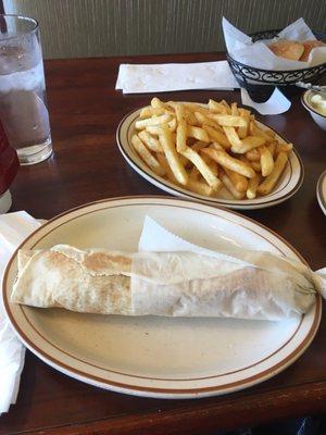 Chicken hummus swarma sandwich with fries