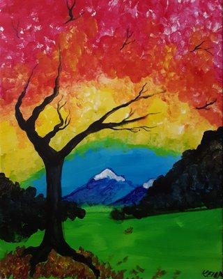 A Tokes and Brush Strokes painting of an autumn tree with a mountainous background