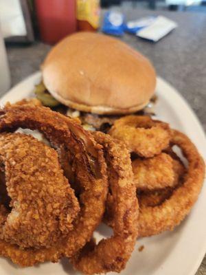 Onion rings and burger