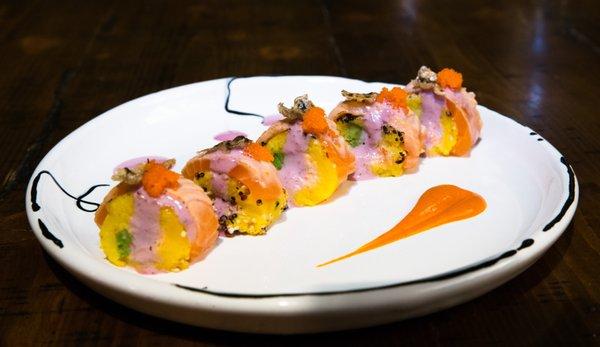 Causa sushi with seared salmon