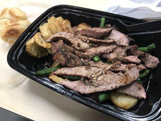 Teriyaki flank steak special with potatoes and string beans. Comes with garlic knots.