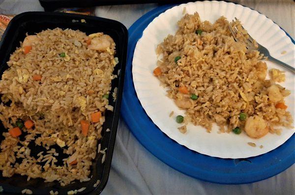 Shrimp fried rice. One order. Look at how much is still in container after almost half was put on the plate!