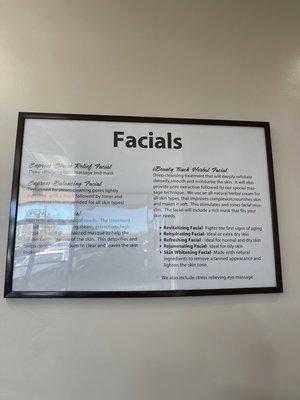 list of facial services