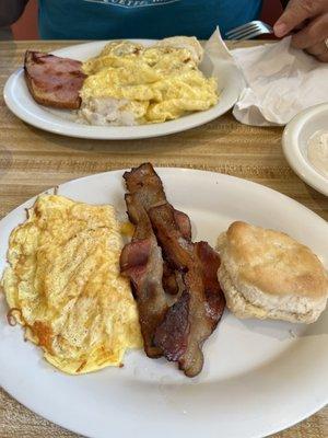 Biscuits and gravy w/ Ham & eggs.  And scrambled eggs, bacon & biscuit.