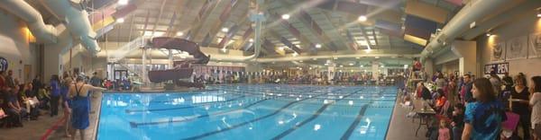 Panorama of the pool set up for a swim meet