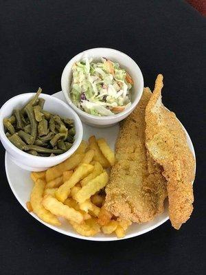 Friday Fish Fry plate for $9 - dessert and drink comes with (photo taken by owner). A variety of sides to choose your two.