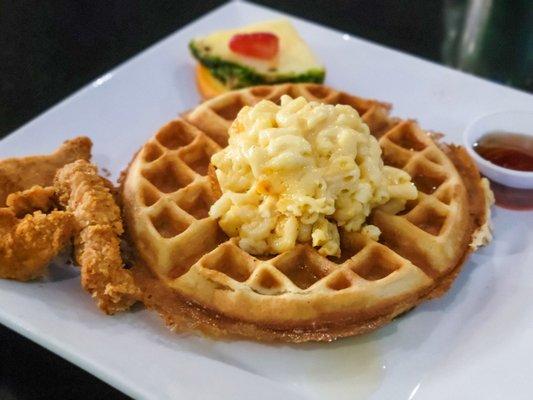 Cornbread Waffle w/ Mac & Cheese and Chicken Strips