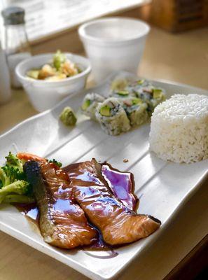 Salmon Teriyaki Lunch Special - comes with salmon, california roll with a side of rice, salad, and miso soup