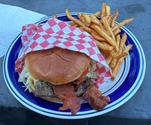 The burger and fries (our plate, we took the food home)