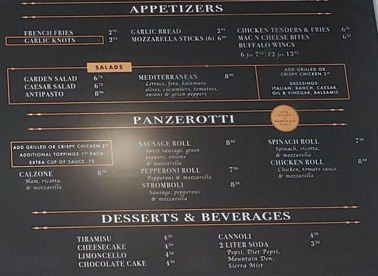 Appetizers, panzerotti, desserts and beverages menu 6/20/22