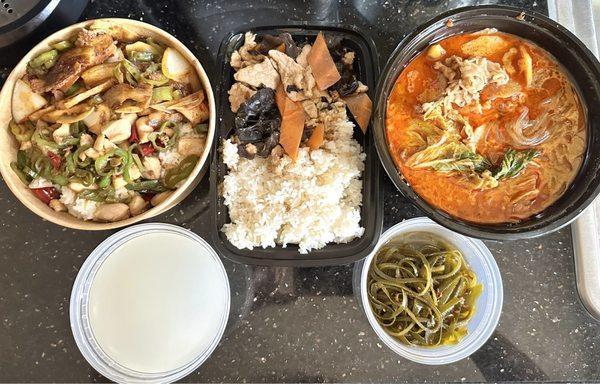 double pepper chicken/double cooked pork lunch, stir fried pork with woodear lunch, beef malatang, and marinated seaweed on the house