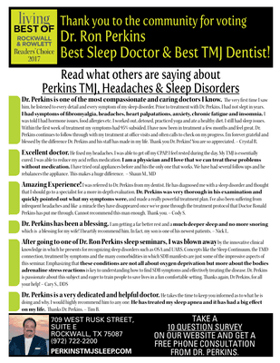 I am proud to have been selected the BEST TMJ and Sleep Doctor in Rockwall Living Magazine