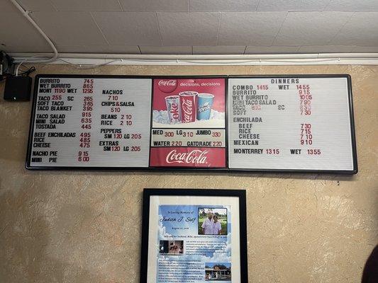 Menu on the wall.