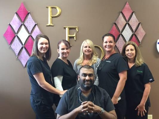 Dr Patel with (from left to right) Vicky (receptionist), Shannon (office manager), Stephanie (hygienist), Sue (hygienist) Mary (hygienist)