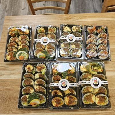 Korean bbq spicy pork kimbap Shrimp tempura kimbap Bulgogi (marinated ribeye) kimbap  Korean bbq kimbap (korean sushi rolls)