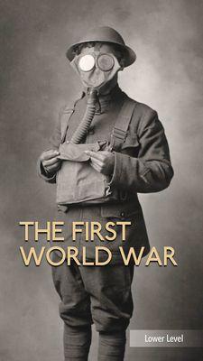 Exhibtion: The First World War. Showing a vintage photo of a soldier wearing a gas mask.