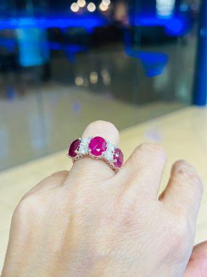 Couldn't happier with my customized Ruby & Diamond ring, 3 carats each Ruby & .30 carat each Diamond... wow.   Happy customer for 2 decades!