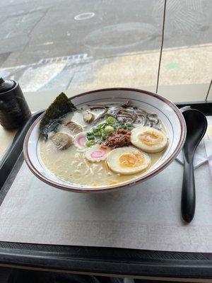 Spicy tonkotsu ramen with chicken and egg