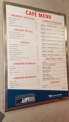 Amtrak snack car menu