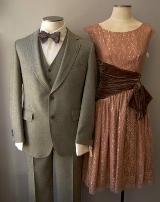 50's Green tweed 3 pc suit with 50's silver pink lace party dress.