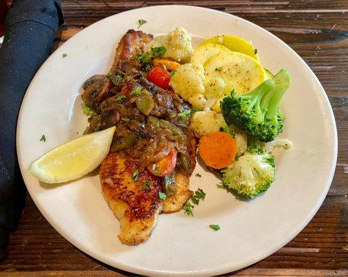 Catfish Ponchatrain with a side of veggies. This was the Tuesday Lunch Special on 8/3/21