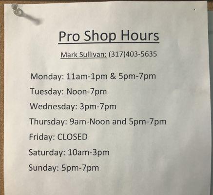 Pro Shop Hours