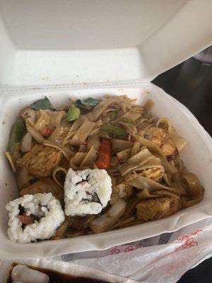 Spicy Flat Noodle "Pad Kee Mow"  (Drunken Noodles!)   [The roll ends are from my sister's California & Philadelphia Rolls]