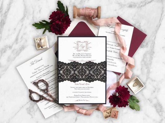 Art deco and modern inspired wedding invitation suite for a wedding at Power Plant Productions in Philadelphia, Pennsylvania.