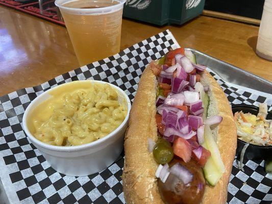 Loaded Chicago Dog with mac and cheese