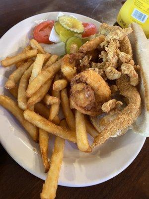 Seafood poboy - my father in law likes it, he said it was hard to eat in a sandwich.