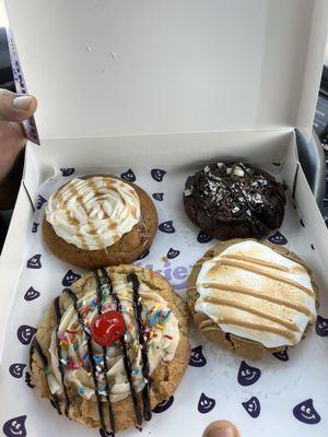 From top left to right, Salted caramel cheesecake and cookies and cream, bottom left to right ice cream sundae cookie and fluffer butter