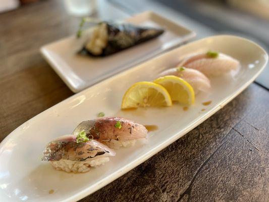 Aji (left) and yellowtail (right) belly nigiri